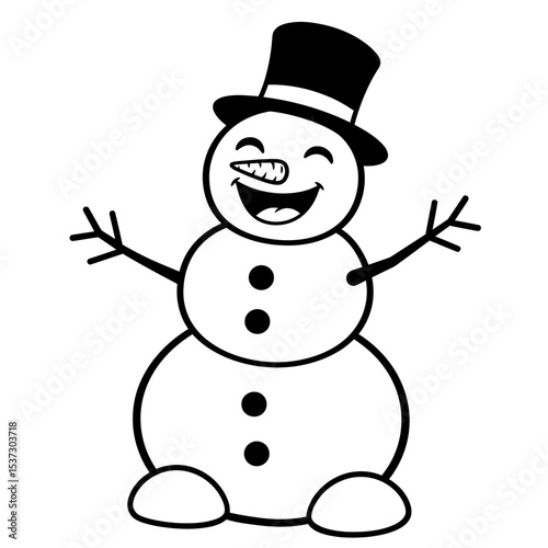 Smiling snowman with top hat and stick arms outline silhouette
