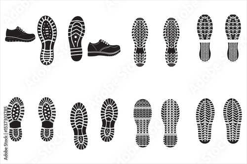 Diverse Shoe and Foot Prints on a White Background