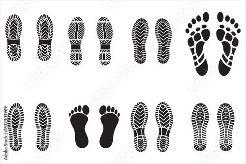 Diverse Shoe and Foot Prints on a White Background