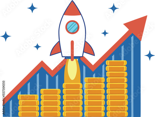 Rocket Launching on Ascending Graph with Coins and Stars, Signifying Business Growth and Financial Success Concept