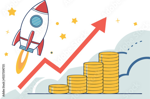 Financial Growth Illustration with Rocket Launching Upward Along a Rising Arrow Chart and Stacks of Coins Symbolizing Success