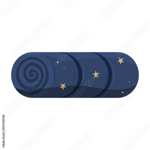 Rolled dark blue sleeping bag with star pattern, camping trip
