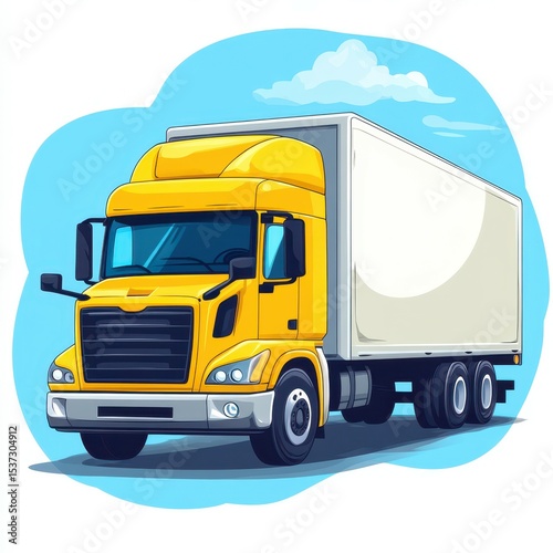 Bright yellow truck parked under a clear blue sky surrounded by fluffy white clouds, ready for transportation