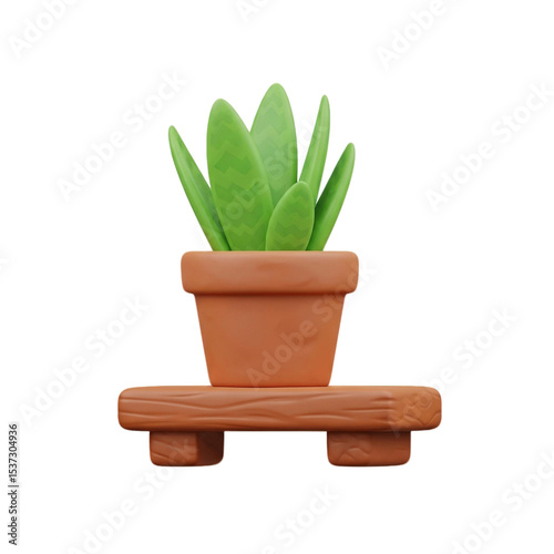 A potted plant with green leaves sitting on a small wooden stand with a brown pot on a plain setting on transparent background