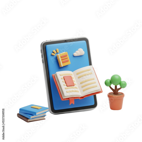 Tablet displaying books with a potted plant and stack of books near the device icon and cloud on transparent background