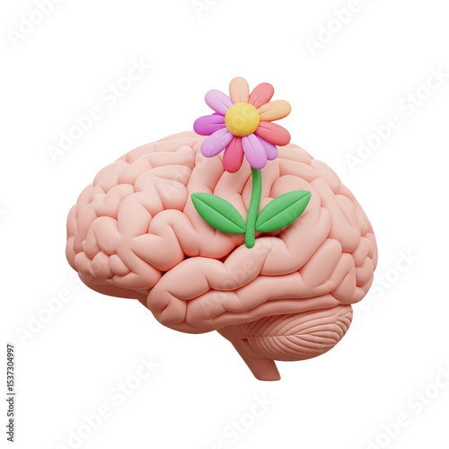 Anatomical brain model with a vibrant flower growing from the top of the organ illustration render on transparent background