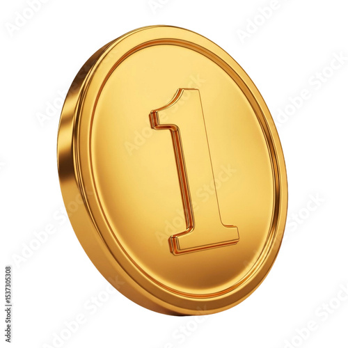 Close up view of a shiny golden coin with number one embossed at the center in a plain setting on transparent background photo