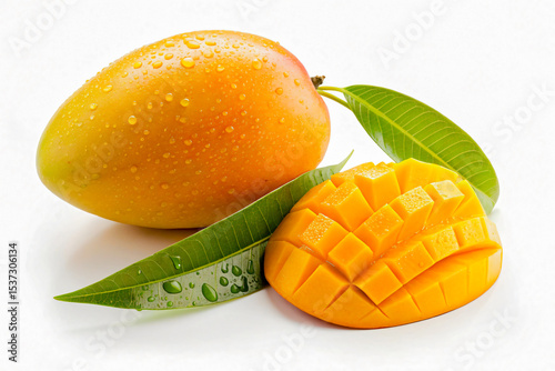 Fresh Ripe Yellow Mango with Green Leaf Isolated on White Background photo