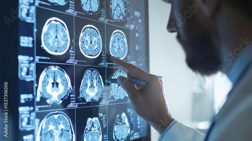 Doctor analyzing brain scans on screen for medical diagnosis and treatment plans.