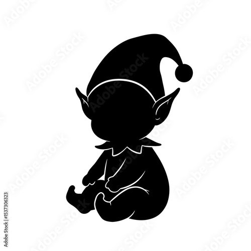 Silhouette of a sitting christmas elf with a hat