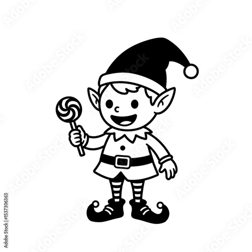 Illustration of a happy elf holding a lollipop candy silhouette
