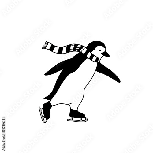 Penguin ice skating with a striped scarf around neck silhouette