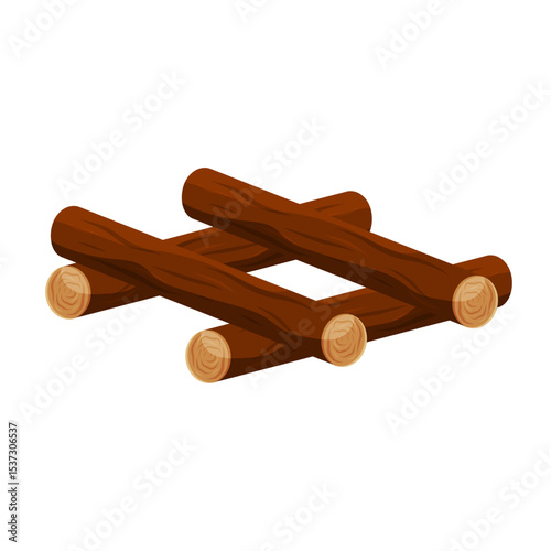 Campfire structure made of wooden logs arranged in crisscross stack.