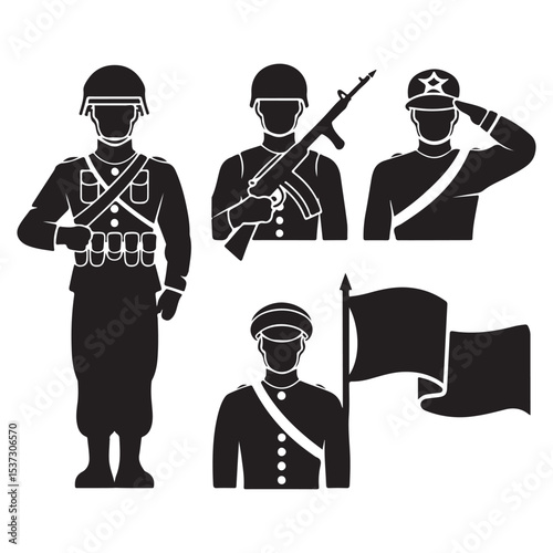 Military Icons Soldiers in Various Poses with Equipment and Flag