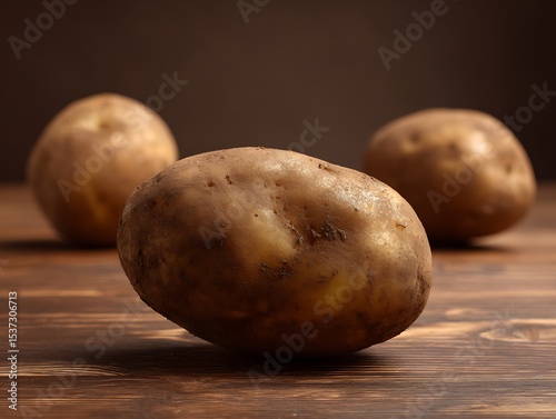 Three potatoes on a wooden surface