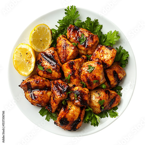 Grilled chicken kebabs with lemon and parsley isolated on transparent background