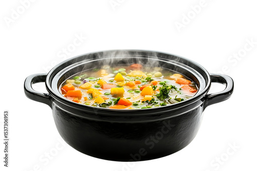 Steaming vegetable soup in black pot isolated on transparent background