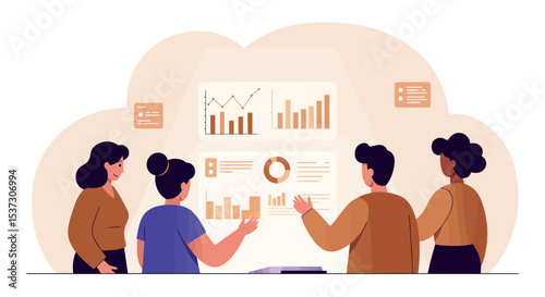Collaborative office meeting with data analysis presentation on interactive charts vector illustration