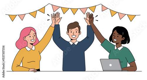 Teamwork and diversity celebration with colleagues high fiving at work vector illustration
