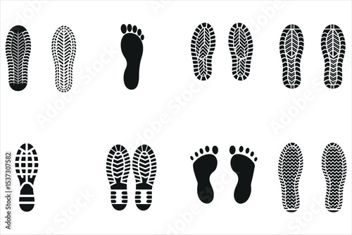 Diverse Shoe and Foot Prints on a White Background