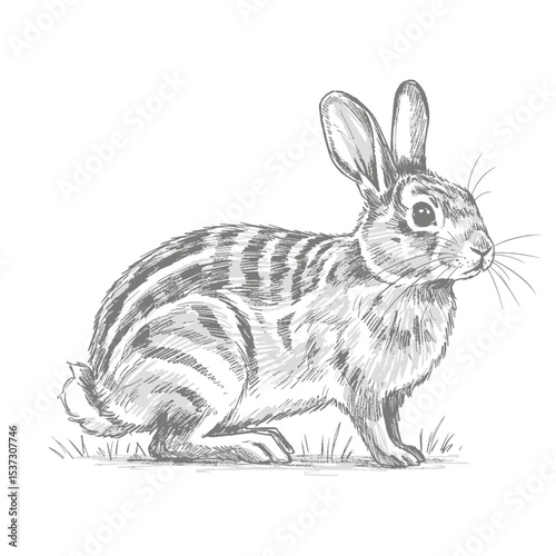 Annamite Striped Rabbit – Nesolagus timminsi. A gentle rabbit with striped fur, illustrated in a detailed sketch sitting on soft ground. The drawing highlights the animal's unique markings 