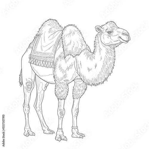 Bactrian Camel – Camelus ferus. Graceful camel with decorated saddle standing on sandy terrain. Wildlife nature concept. llustrated in a detailed sketch standing on sandy terrain.