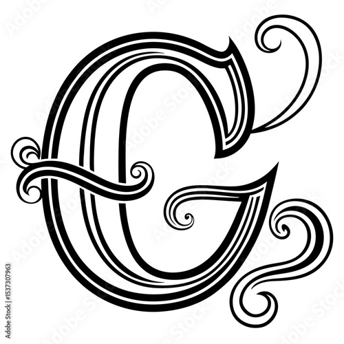 Decorative letter "G" with elegant swirls and artistic design on white background with copy space