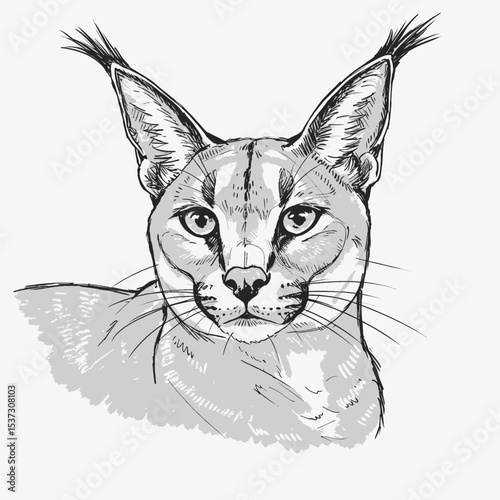 A graceful caracal with tufted ears, depicted in a detailed sketch sitting in tall grass. The illustration highlights the wildcat's natural pose and fur texture, perfect for wildlife and nature-themed