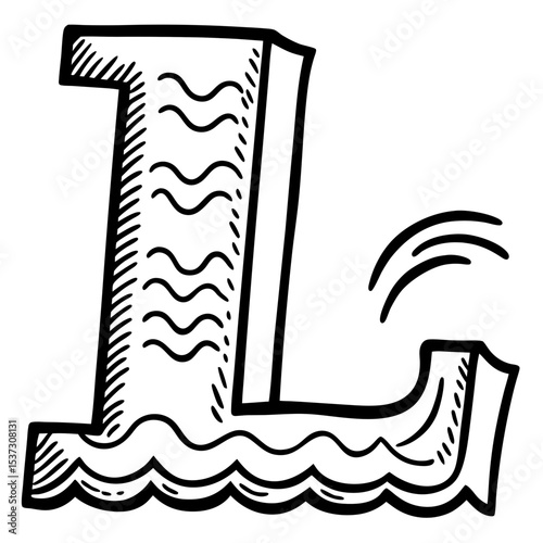 Playful letter "L" designed with wave patterns and a fun aquatic theme on white background with copy space