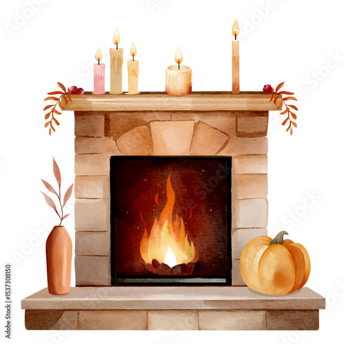 Cozy autumn fireplace with burning fire. Watercolor illustration with autumn decor
