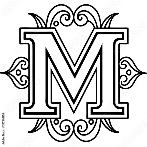 Decorative letter "M" framed with ornate flourishes and artistic elements on white background with copy space