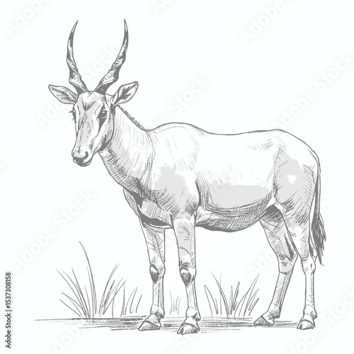 A majestic antelope with large curved horns, illustrated in a detailed sketch standing in a grassy field. The drawing captures the animal's graceful stance and natural surroundings, ideal for wildlife