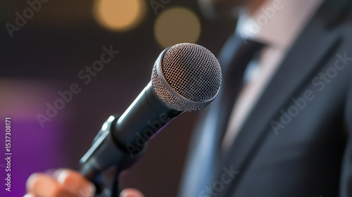 Closeup Political debate announcer moderating a discussion, maintaining neutrality and authority