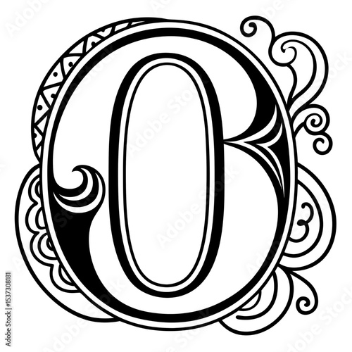 Elegant letter "O" adorned with intricate designs and decorative swirls on white background with copy space