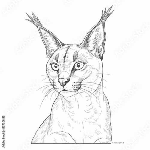 African Golden Cat – Caracal aurata. An elegant caracal with prominent tufted ears, illustrated in a detailed line drawing. The sketch captures the wildcat's facial features and fur texture