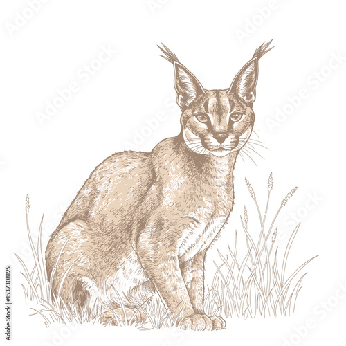 A graceful caracal with tufted ears, depicted in a detailed sketch sitting in tall grass. The illustration highlights the wildcat's natural pose and fur texture, perfect for wildlife and nature-themed