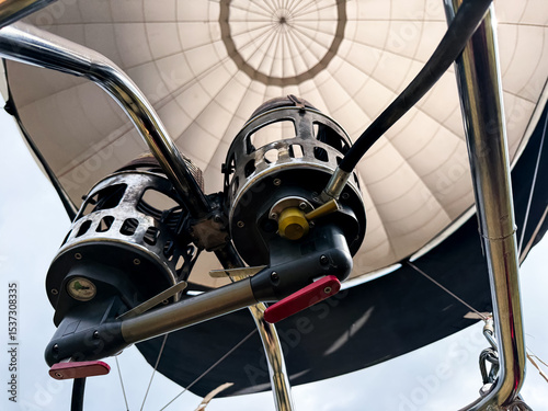 Close up view of hot air balloon burner and canopy