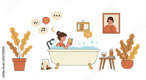 Relaxation in a cozy bath with reading and aromatherapy for self-care and leisure vector illustration