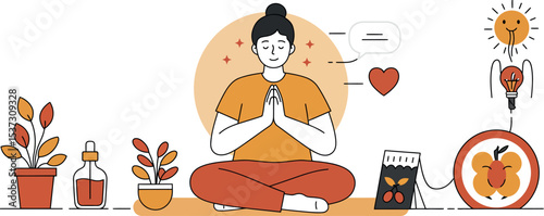Mindfulness and meditation concept with peaceful woman and floral elements for wellness design vector illustration