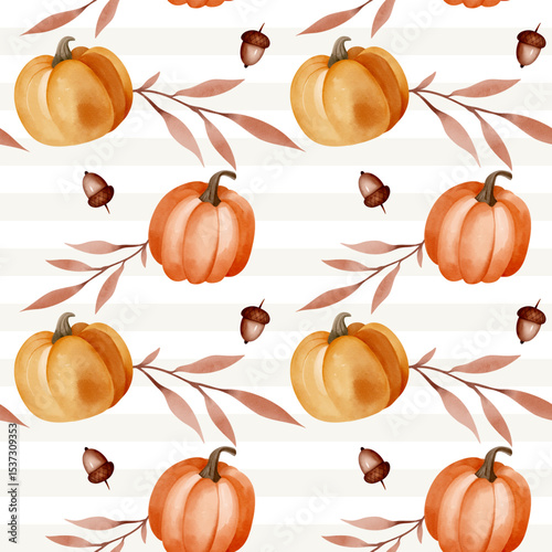 Watercolor autumn background with pumpkins, leaves and acorns. Fall seamless pattern
