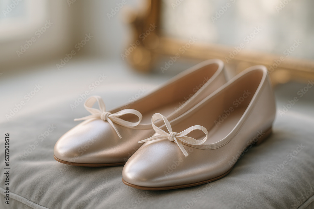 Obraz premium Pair of Elegant Pearl Ballet Flats on Soft Cushion