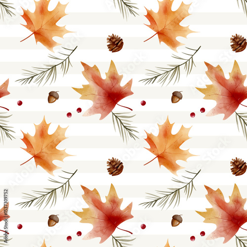 Watercolor autumn background with maple leaves, berries and branches. Fall seamless pattern.