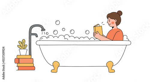 Relaxing bath time with reading book and bubbles for stress relief and self care vector illustration