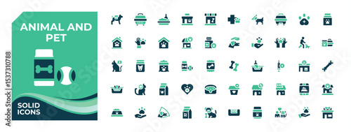 Animal And Pet colorful icon set. Contains such icons as vet, dog, pet, animal care and more. Set of solid pictogram. Animal Care line icon set. Solid line editable stroke. Pixel Perfect.