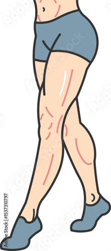 Vector illustration of elongated female legs in shorts and sports shoes