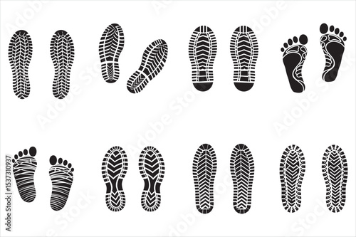 Diverse Shoe and Foot Prints on a White Background