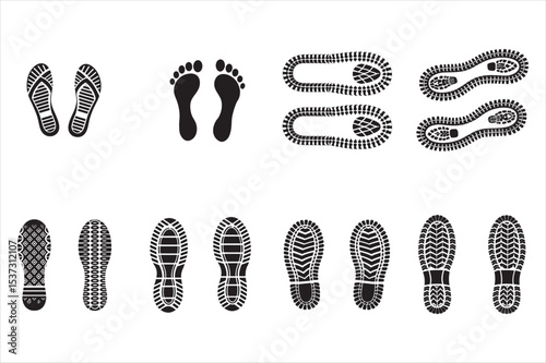 Diverse Shoe and Foot Prints on a White Background