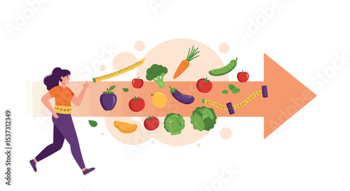 Woman jogging towards healthy lifestyle with fresh vegetables and fruits for wellness and fitness inspiration vector illustration