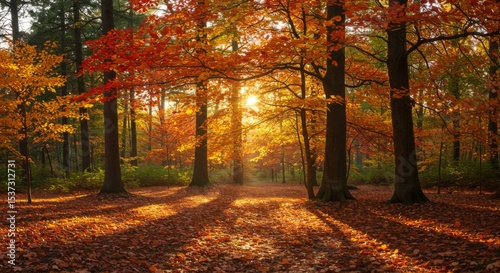 Autumn Forest Sunset: Golden Sunlight Through Red And Orange Leaves