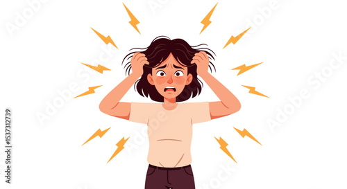 Frustrated woman with messy hair surrounded by lightning bolts expressing anxiety and stress vector illustration
